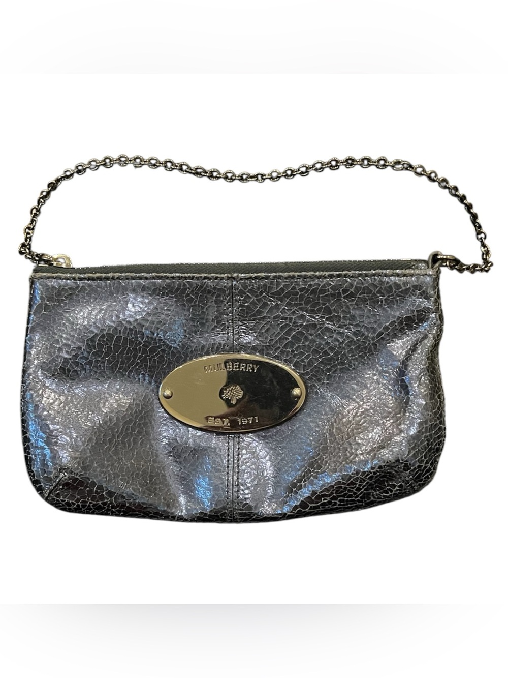 Mulberry Charlie Pochette Metallic Blue Gray Crinkle Leather Clutch Bag